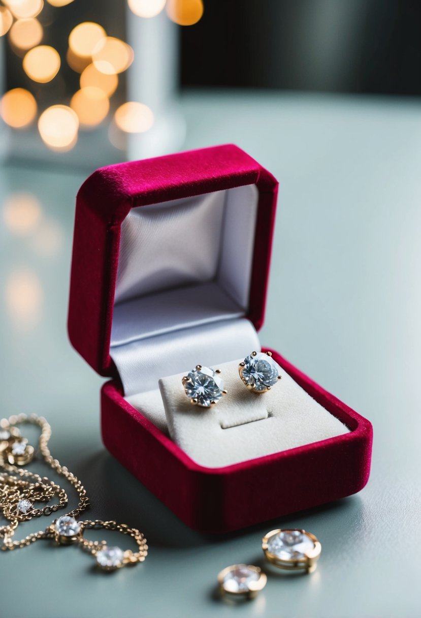 A velvet jewelry box open to reveal sparkling diamond stud earrings