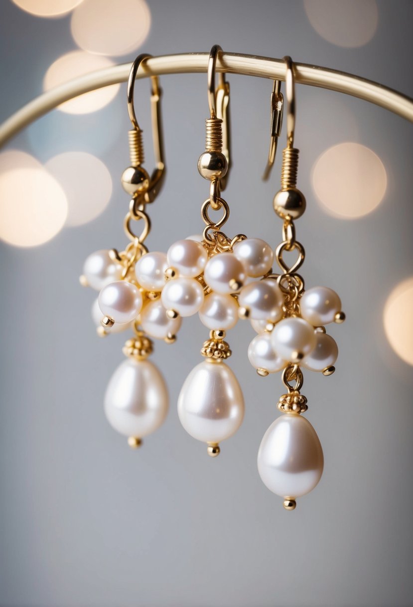 Three delicate pearl clusters dangle from a single earring, each with a trio of lustrous pearls. The earrings catch the light, creating a romantic and elegant look for a wedding