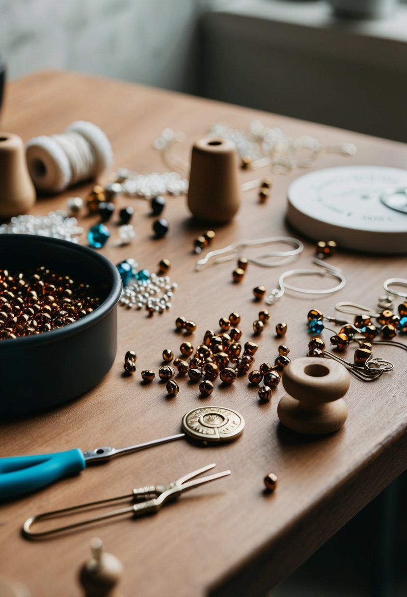 A table scattered with beads, wire, and tools for making wedding earrings