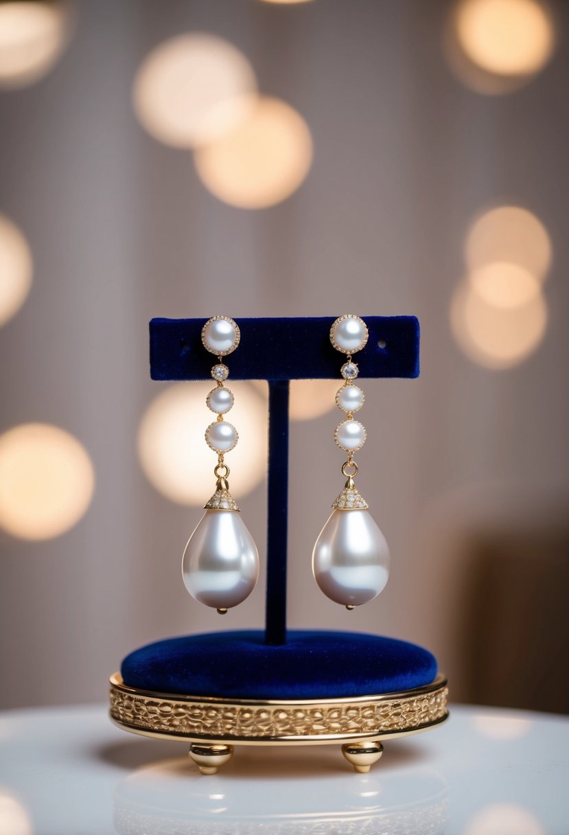 A pair of elegant pearl drop earrings displayed on a velvet cushion with soft lighting