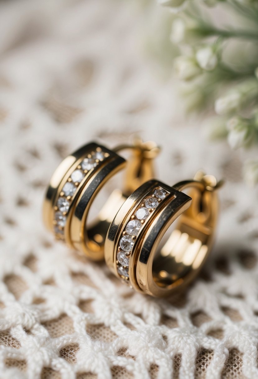 A close-up of vintage-style triple hinge earrings on a lace fabric background with soft lighting