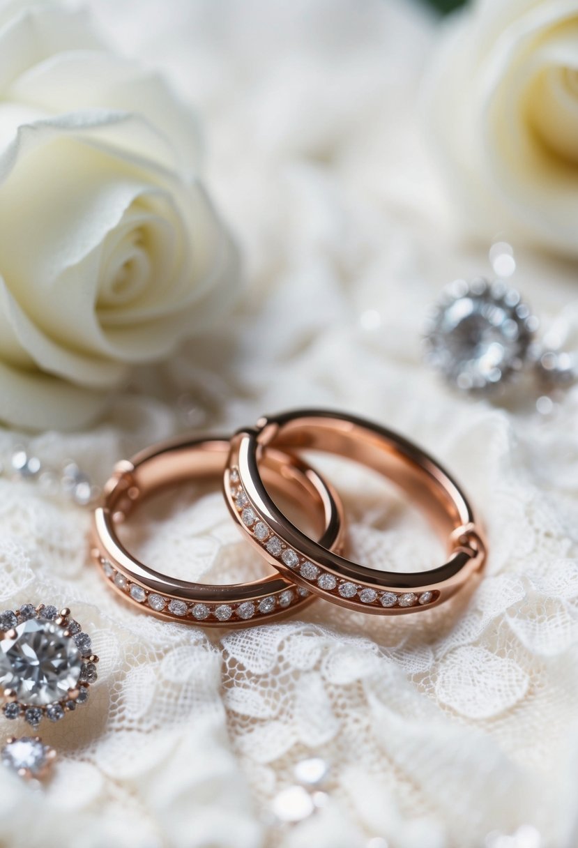 A delicate pair of rose gold hoops resting on a bed of soft, white lace fabric, surrounded by sparkling diamond jewelry