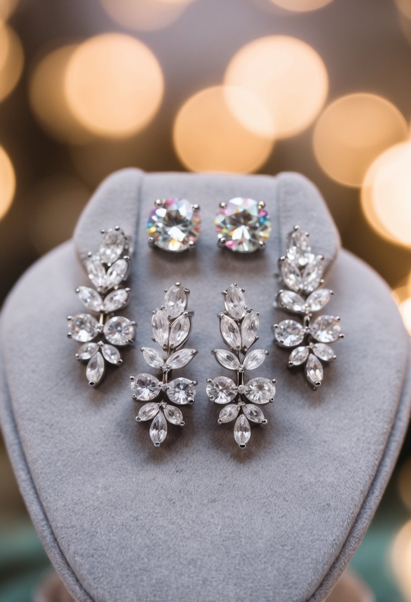 A sparkling crystal earring set with delicate floral details, designed for triple piercings, sits on a velvet display