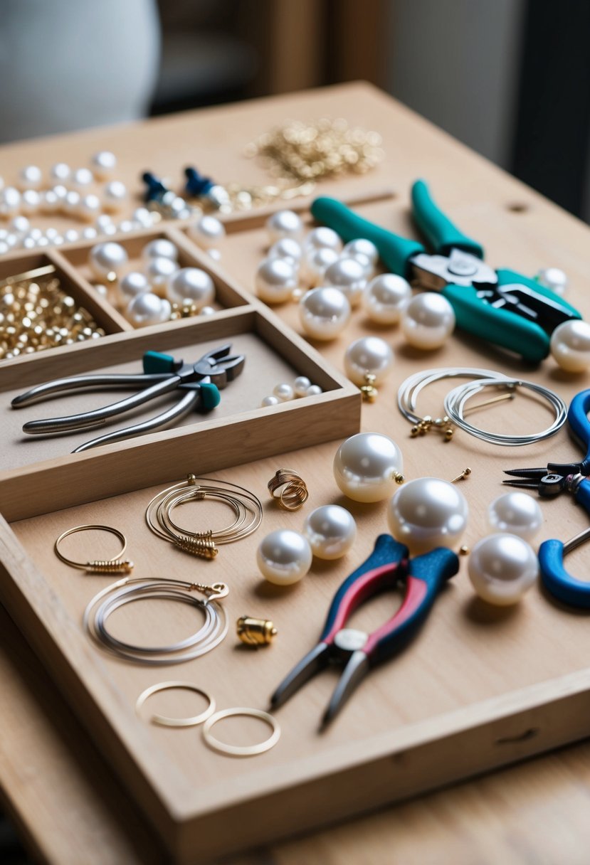 A table with various jewelry-making tools and materials, including pearls, wires, and pliers, arranged for creating pearl drop earrings