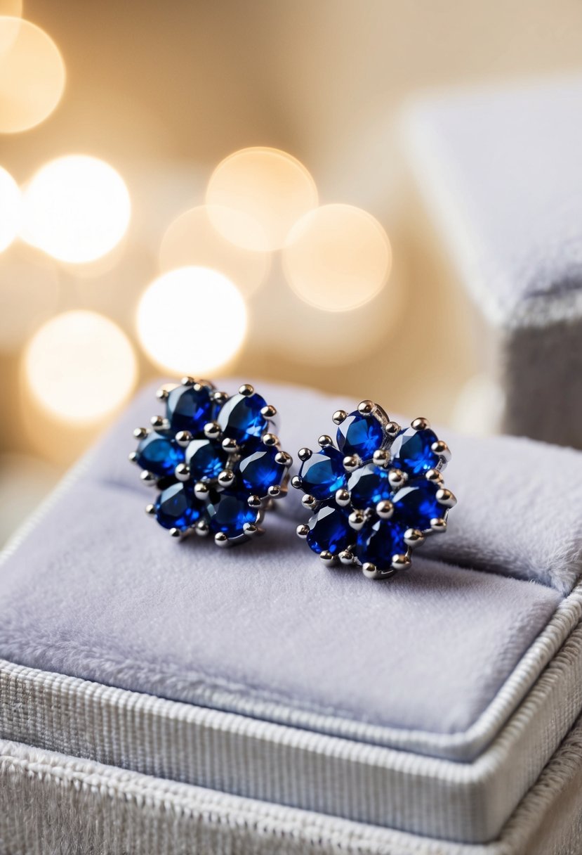 A close-up of elegant sapphire cluster earrings on a velvet cushion, with soft lighting highlighting their timeless beauty