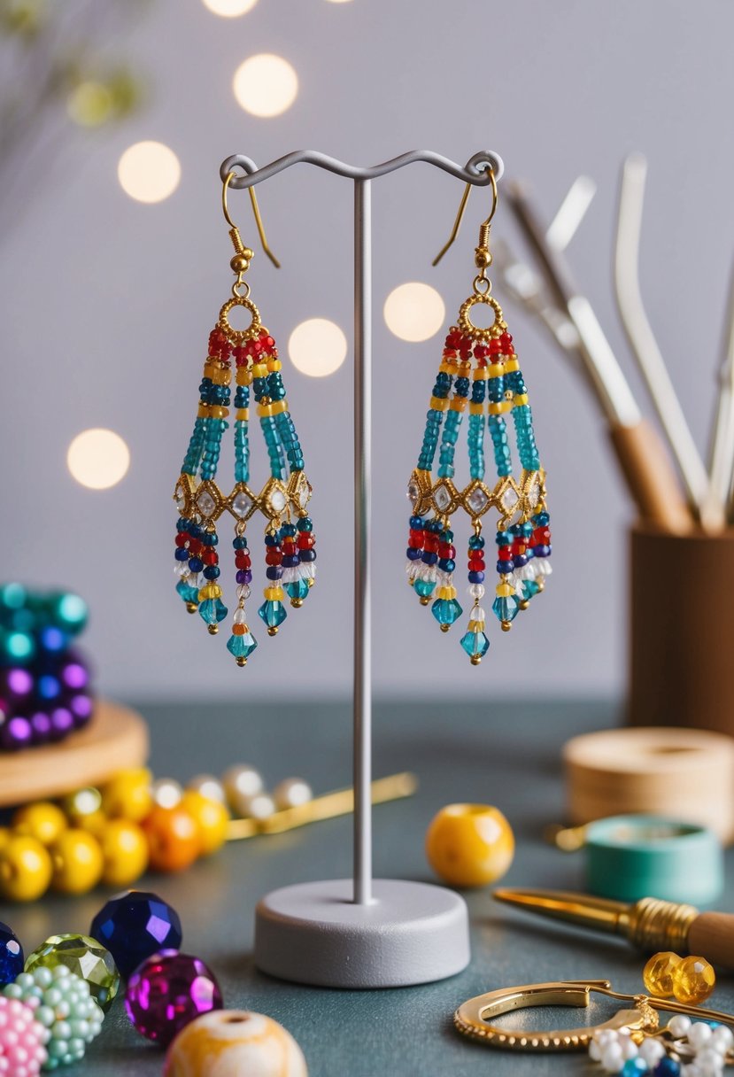 A pair of beaded chandelier earrings hanging from a jewelry stand, surrounded by colorful beads and tools for DIY wedding earring making