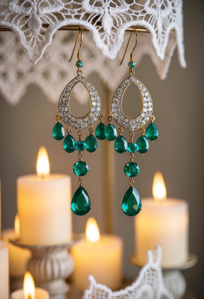 Emerald chandelier earrings hanging from a vintage display, surrounded by delicate lace and soft candlelight