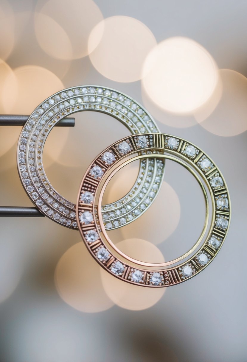 Three interconnected circles in an Art Deco style, with intricate geometric patterns and shimmering gemstones, creating a striking triple piercing wedding earring design