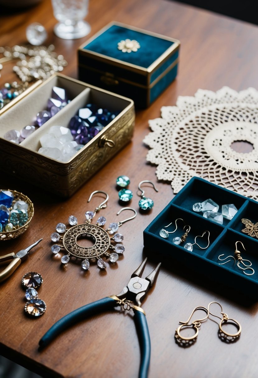 A table with various crafting materials: crystals, pliers, wire, and earring hooks. A vintage lace doily and antique jewelry box sit nearby