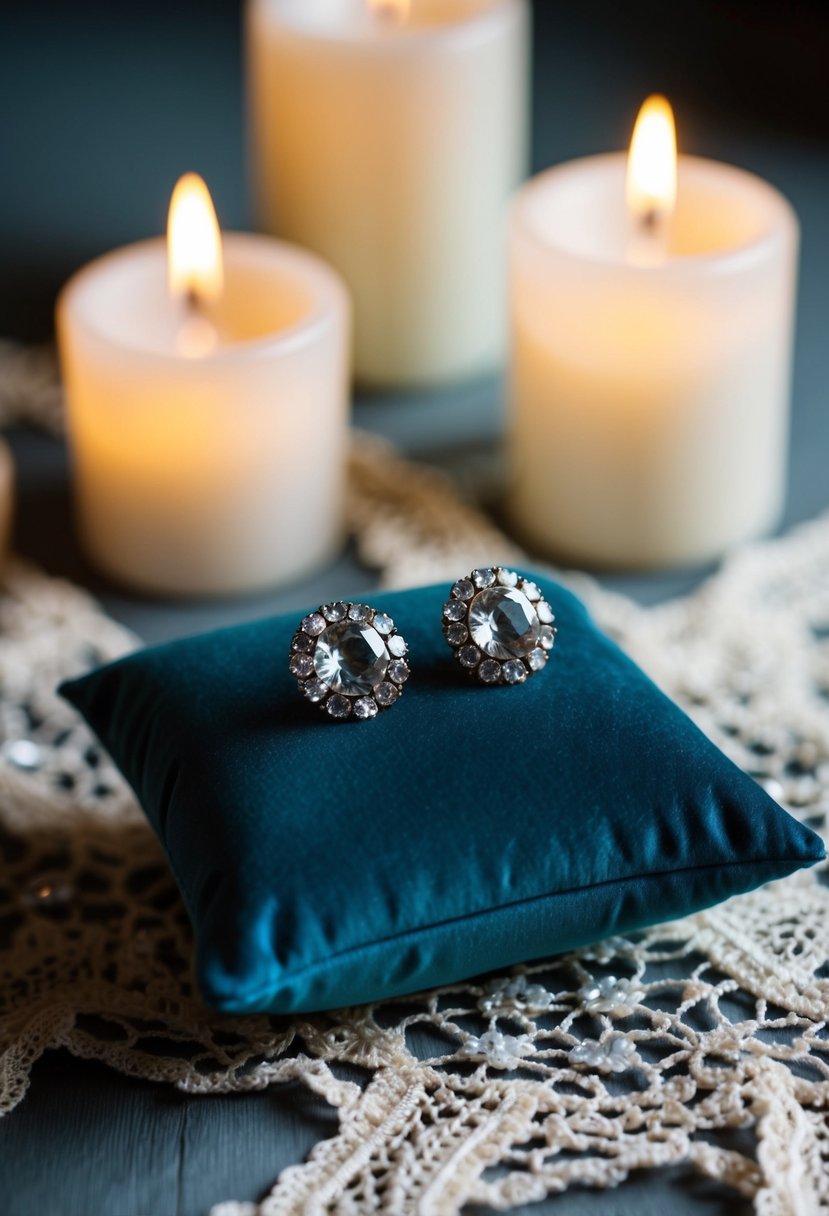 A close-up of vintage crystal studs on a velvet cushion, surrounded by soft candlelight and delicate lace