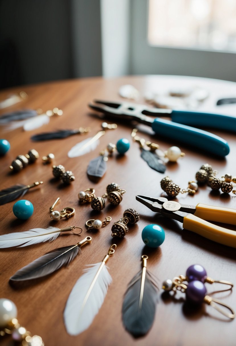 A table scattered with feathers, beads, and pliers for making boho-inspired dangle earrings