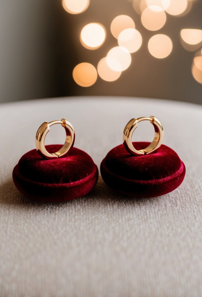 Two simple, elegant gold huggie earrings on a velvet cushion in soft lighting