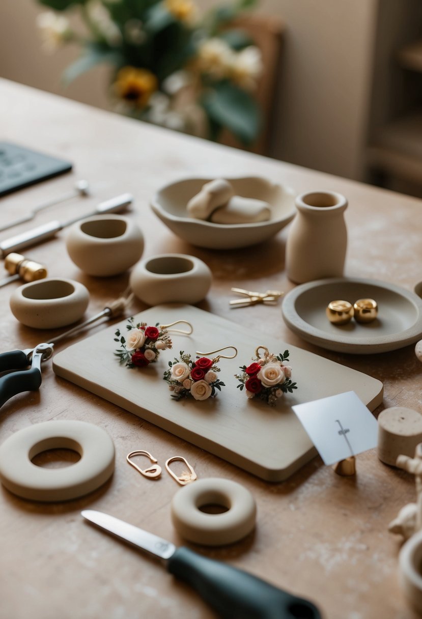 A table with clay, tools, and floral designs for DIY wedding earrings