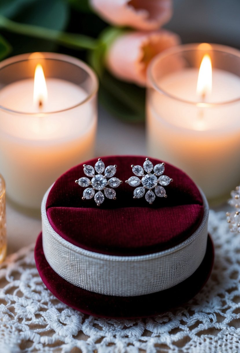 A pair of elegant floral diamond earrings displayed on a velvet cushion, surrounded by soft candlelight and delicate lace