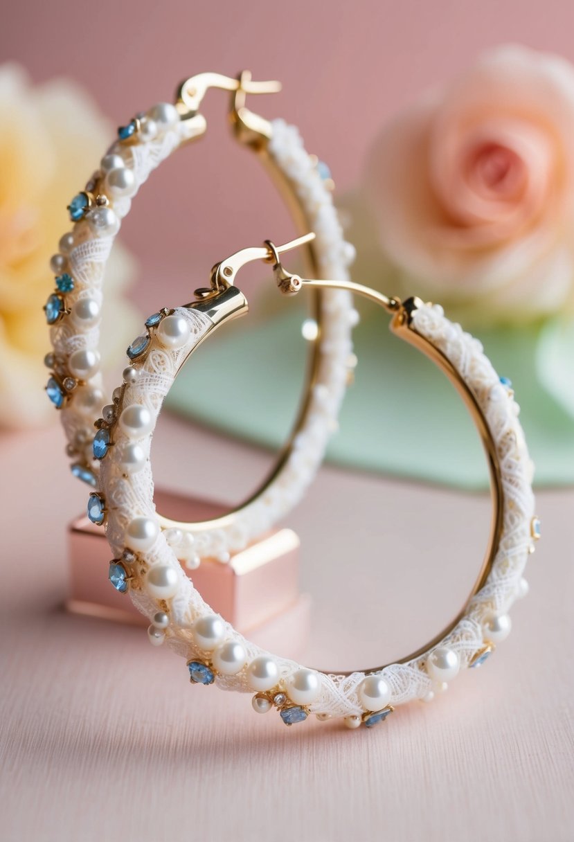 Two delicate lace-wrapped hoops adorned with pearls and crystals, set against a soft pastel background