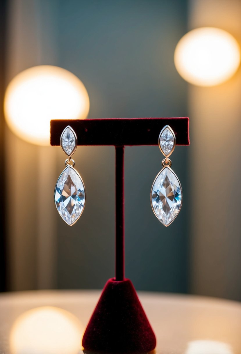 A pair of Art Deco Marquise Drop earrings displayed on a velvet jewelry stand under soft, warm lighting