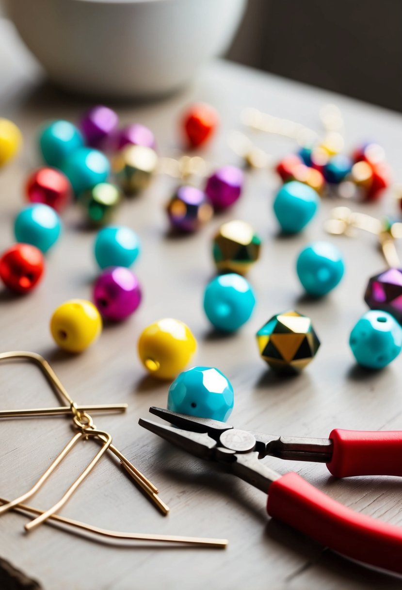 A table with colorful beads, pliers, and wire, creating geometric statement earrings