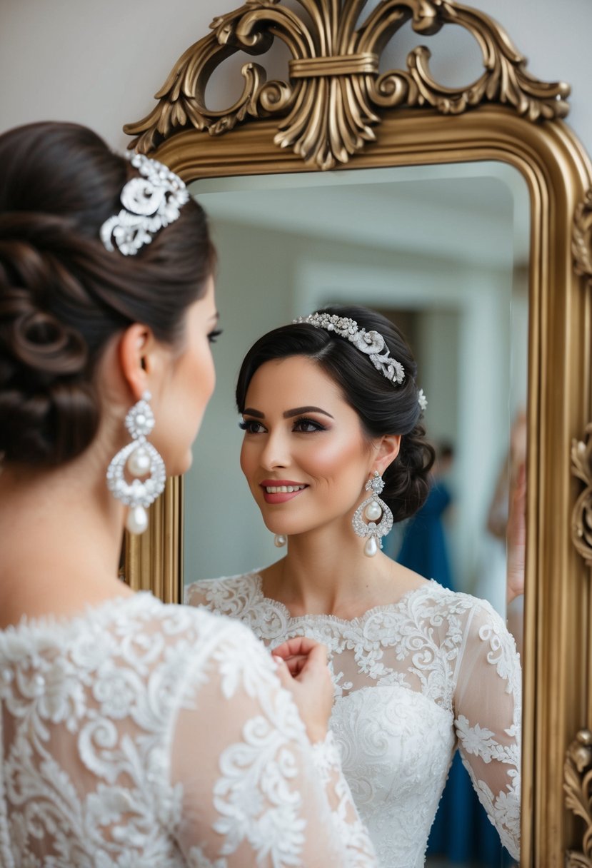 A bride admires herself in a mirror, wearing baroque pearl earrings with intricate silver details