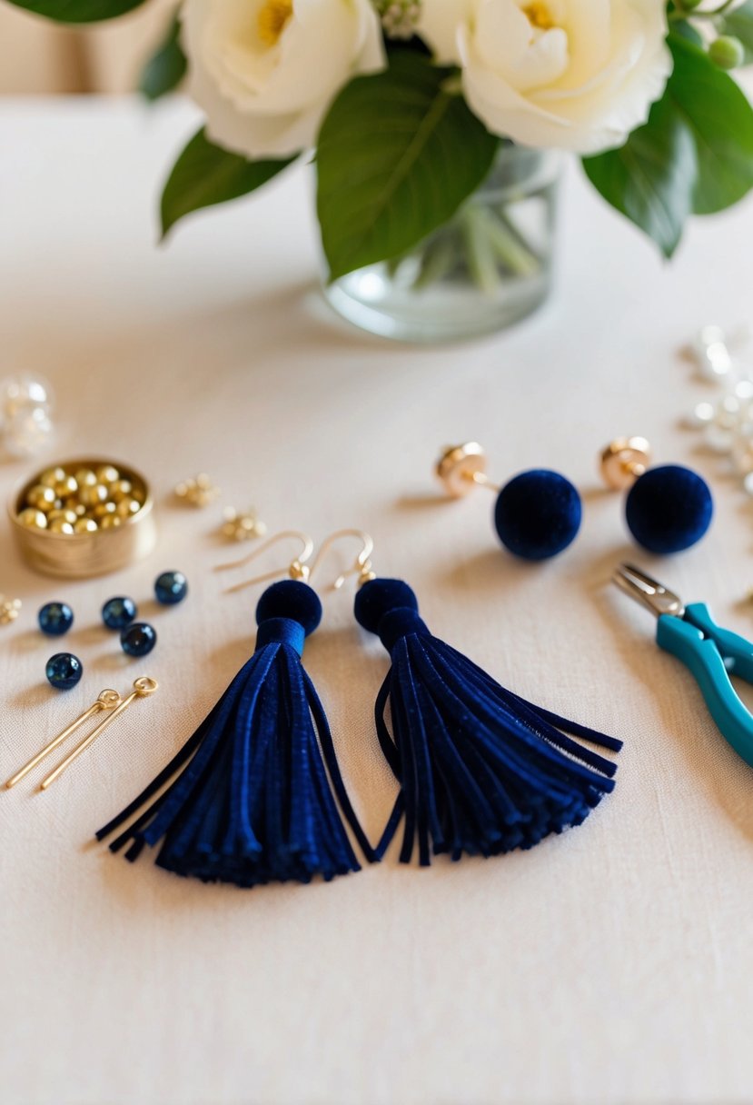 A table with velvet tassel earrings, beads, and tools for making DIY wedding earrings