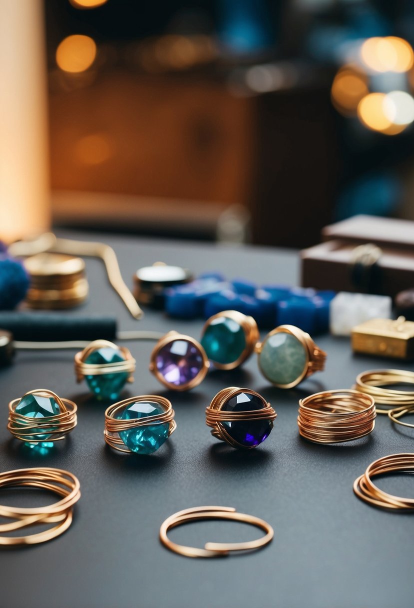 Gemstones wrapped in wire, arranged on a table with jewelry-making tools and materials