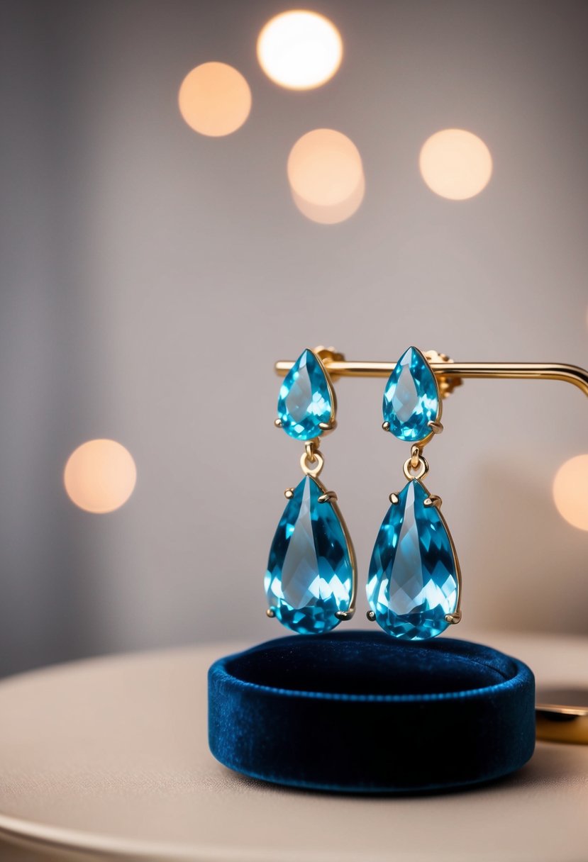 Two teardrop aquamarine earrings displayed on a velvet cushion in soft lighting