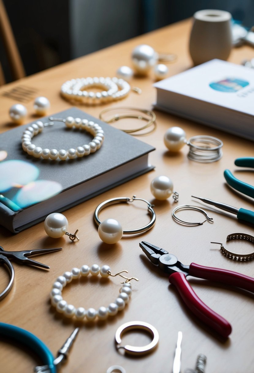 A table with various tools and materials for making pearl hoop earrings, including pearls, wire, pliers, and a jewelry-making book for inspiration