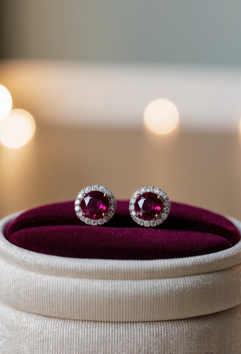 Two elegant ruby halo studs shining on a velvet cushion in a softly lit room