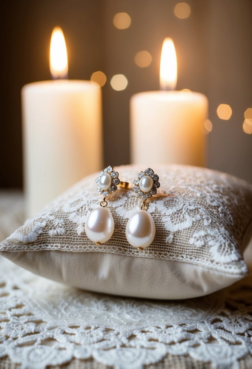 Elegant pearl earrings displayed on a vintage lace pillow with soft candlelight in the background