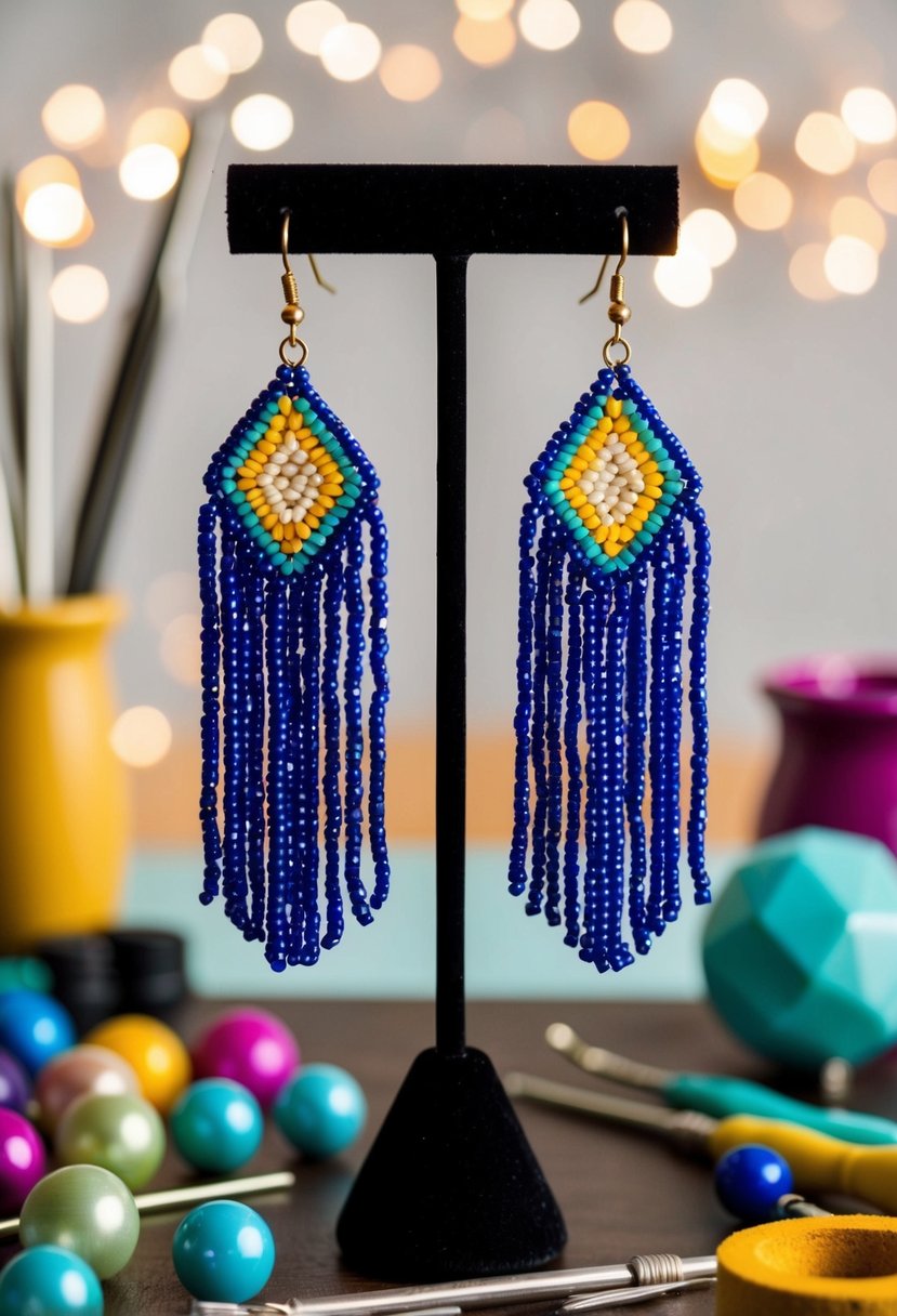 A pair of beaded fringe earrings hanging from a jewelry stand, surrounded by colorful beads and tools for crafting