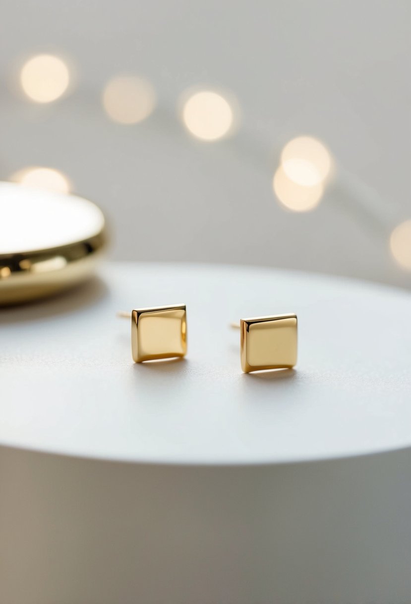 A pair of minimalist gold bar earrings displayed on a clean, white surface with soft lighting