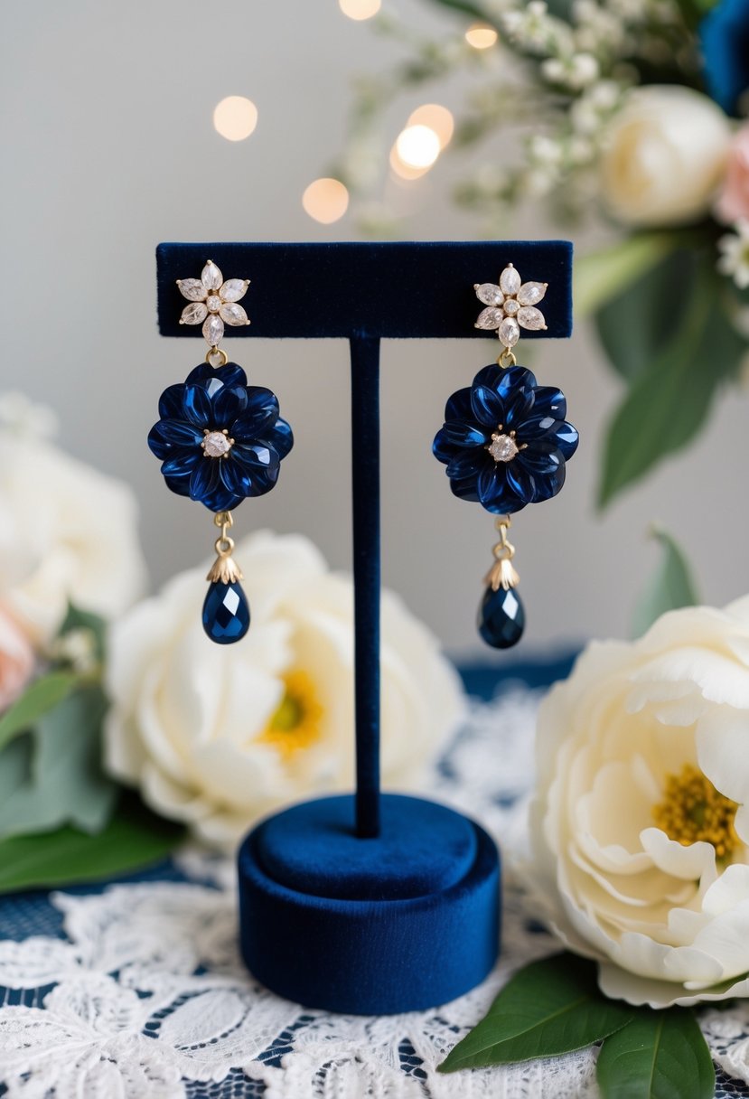 A pair of navy blue wedding earrings displayed on a velvet jewelry stand, surrounded by delicate lace and floral accents