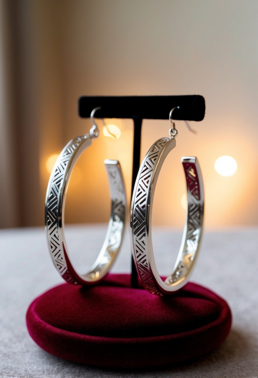 A pair of elegant silver hoop earrings with geometric patterns, displayed on a velvet cushion in a softly lit room