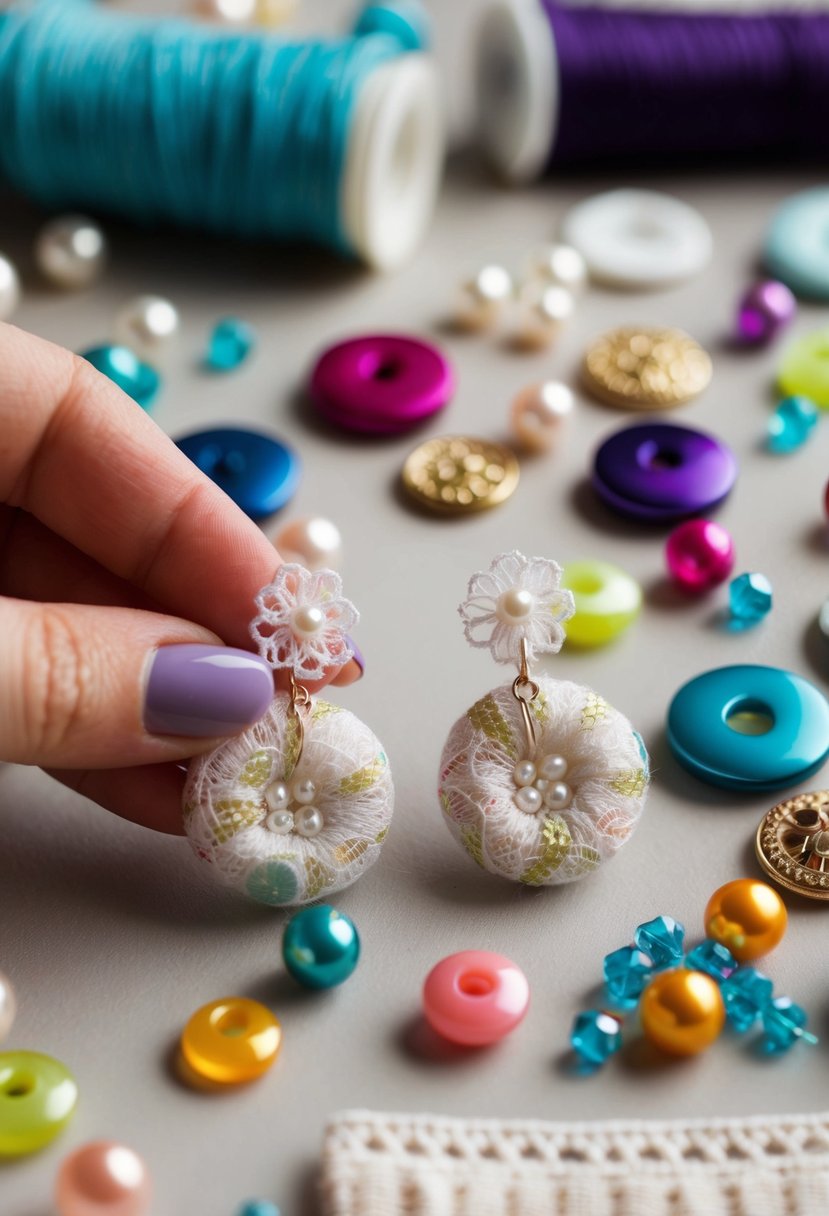 A pair of fabric button earrings being crafted with delicate lace and tiny pearls, surrounded by a collection of colorful beads and sewing materials