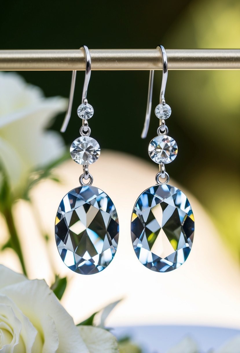 Two oval crystal dangles hang from a delicate earring hook, catching the light in a timeless wedding setting