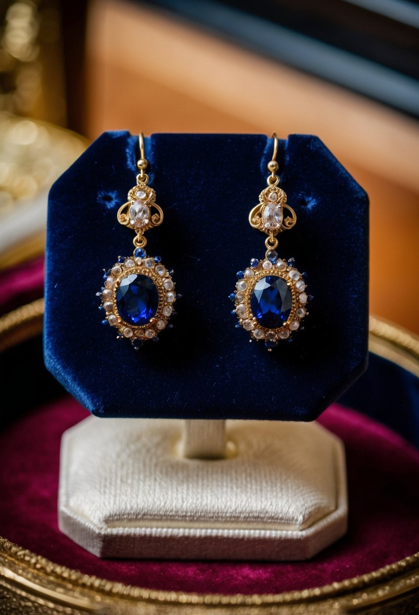 A pair of ornate navy Victorian earrings displayed on a velvet cushion