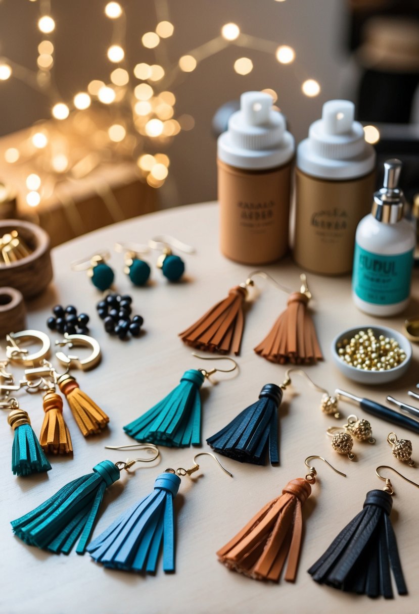 A table with various leather tassel earrings in different colors and sizes, alongside jewelry-making tools and supplies