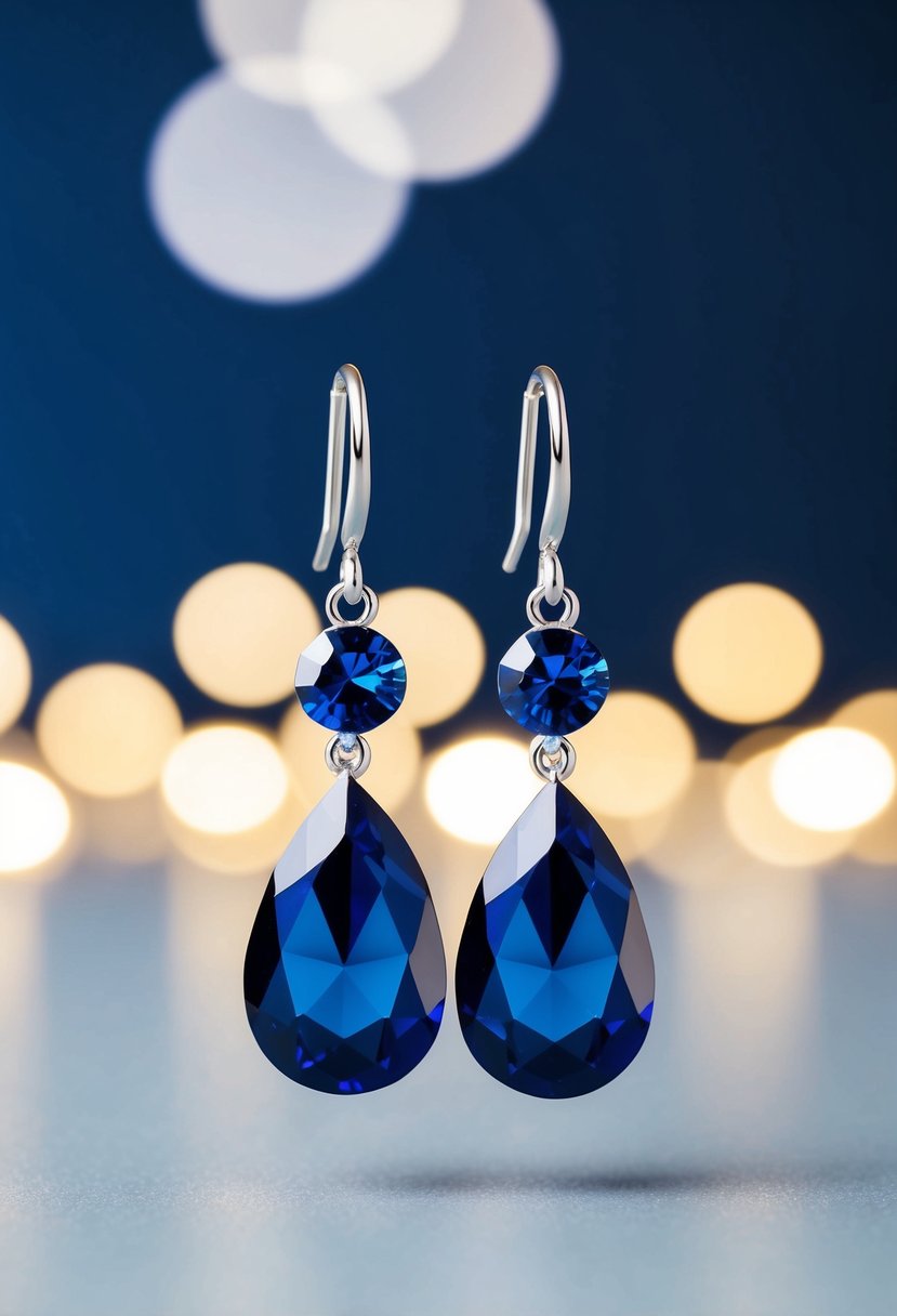 A pair of midnight blue crystal drop earrings, set against a navy background with a soft, romantic lighting