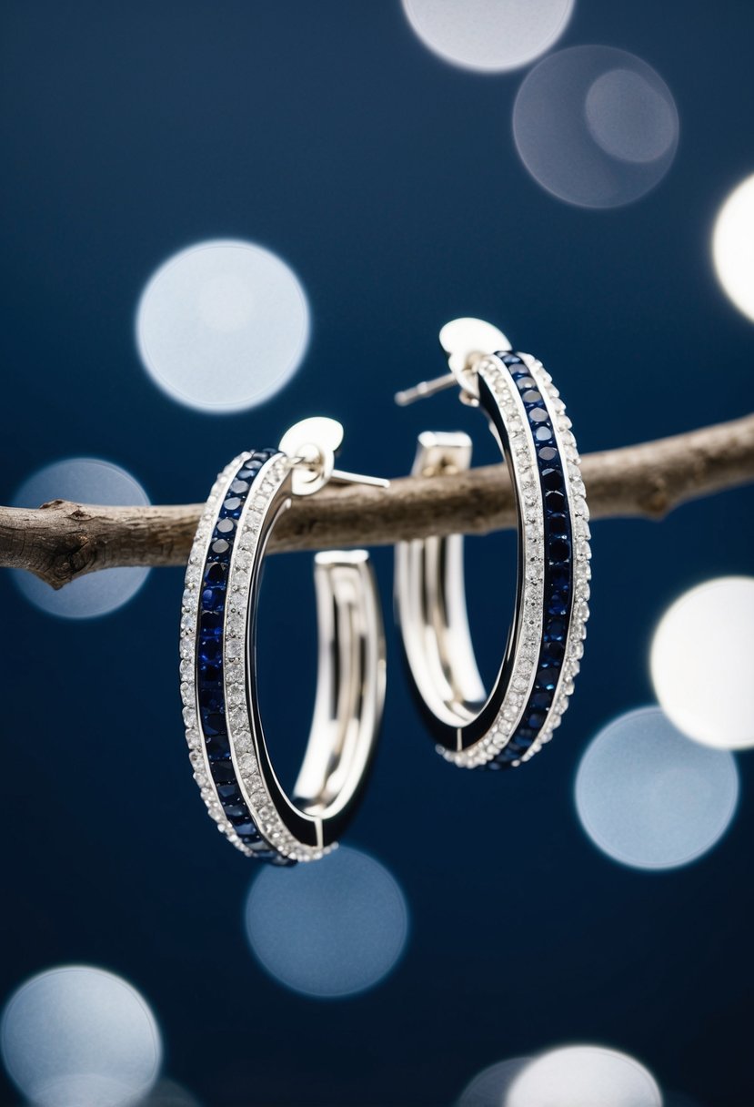 Shimmering silver earrings with navy accents against a navy background