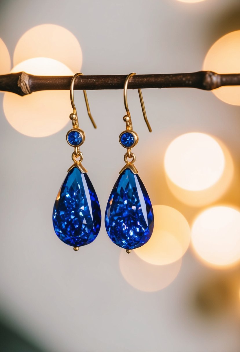 A pair of navy blue teardrop earrings sparkling under soft lighting