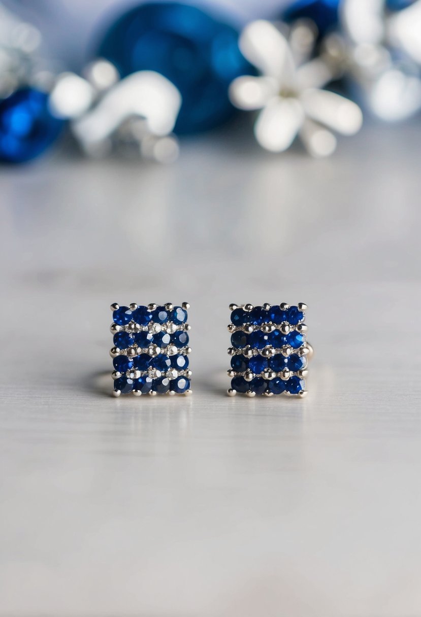 A pair of navy wedding earrings with a linear design of dark blue rhinestones