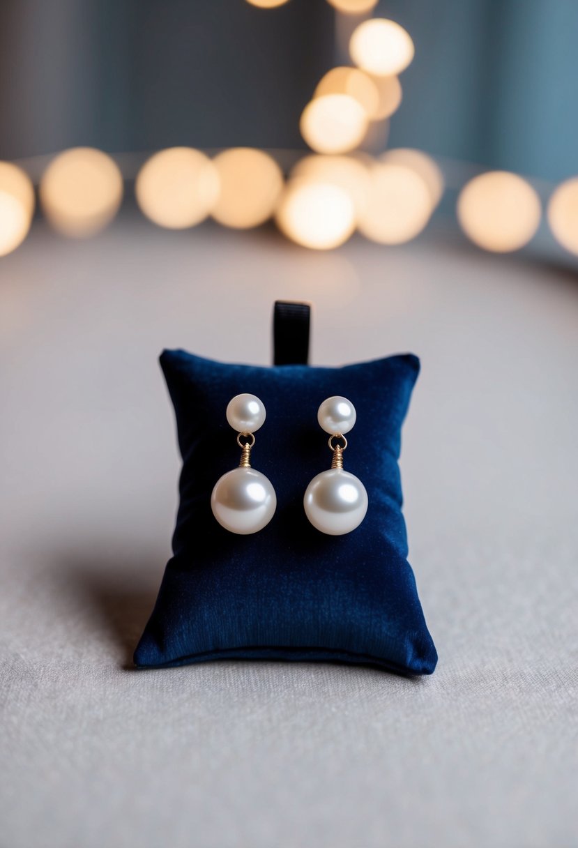 A delicate navy pearl earring set displayed on a velvet cushion with soft lighting