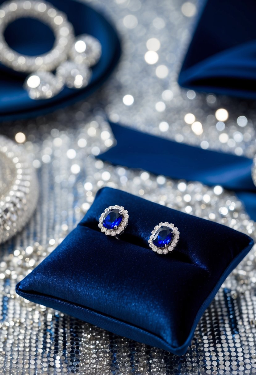 A pair of navy blue CZ studs placed on a velvet cushion, surrounded by shimmering silver and navy wedding décor