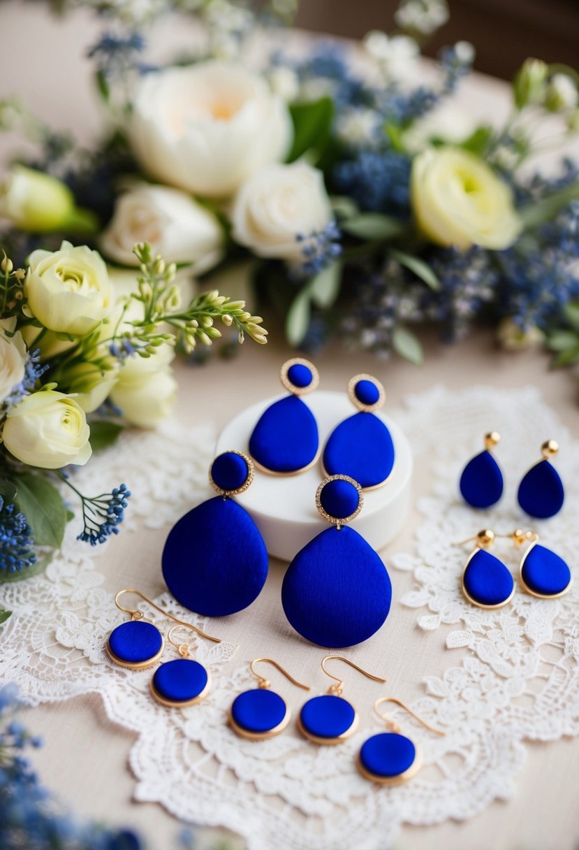 A table adorned with blue wedding earring options, surrounded by delicate lace and floral decor