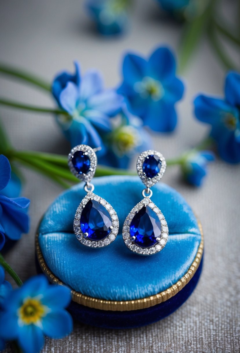 A sparkling pair of sapphire drop earrings resting on a velvet cushion, surrounded by delicate blue flowers and shimmering with elegance