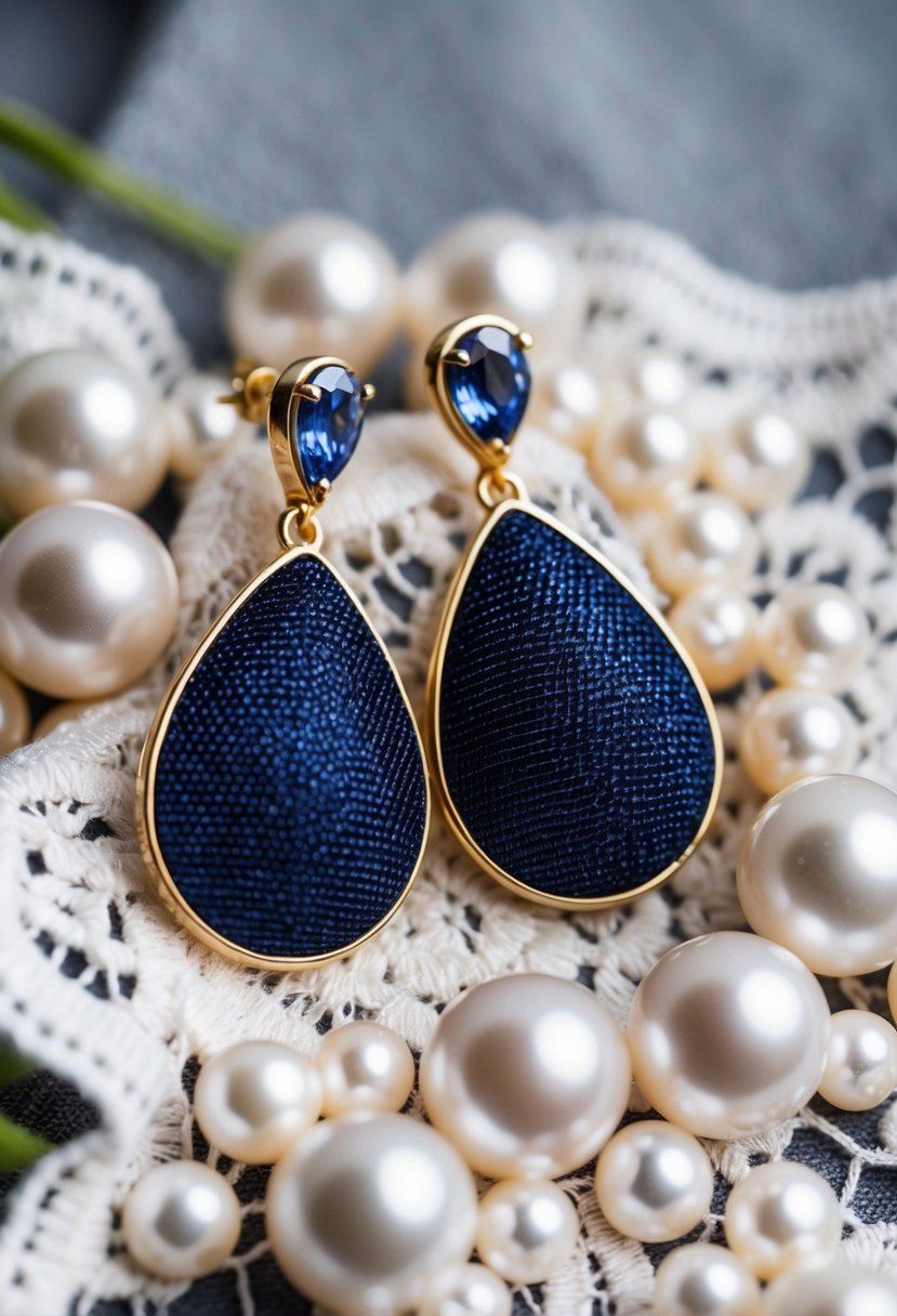 Navy blue teardrop earrings surrounded by delicate lace and shimmering pearls