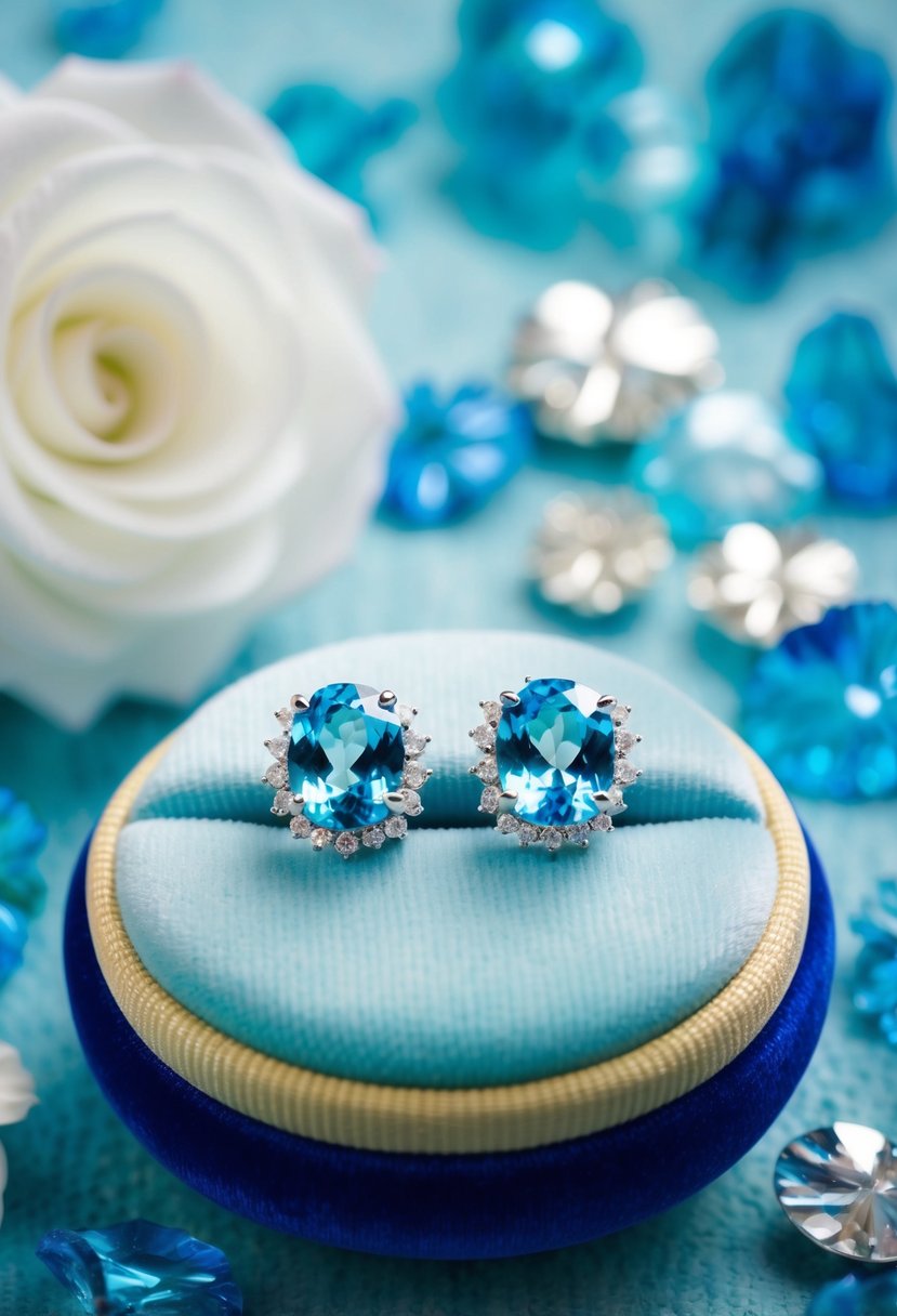 A sparkling pair of aquamarine studs displayed on a velvet cushion surrounded by delicate blue wedding decor