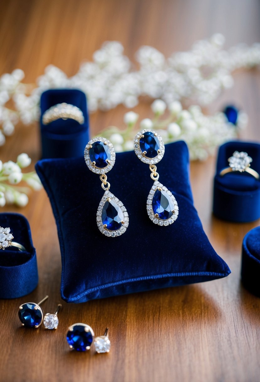 A sparkling navy crystal earring set displayed on a velvet cushion, surrounded by delicate navy wedding accessories