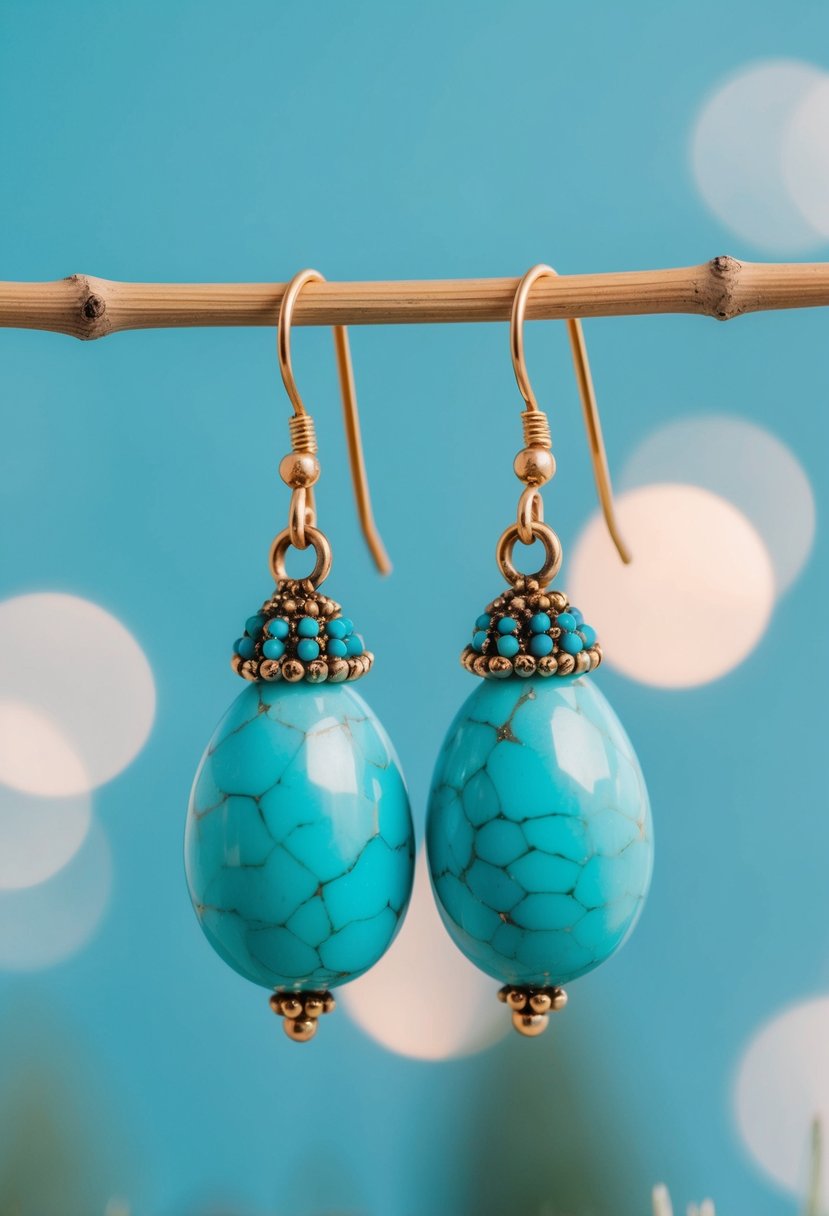 A close-up of turquoise dangle earrings against a soft blue background