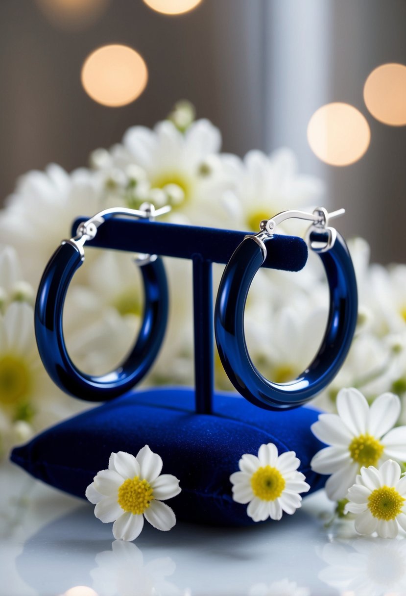 A pair of silver-plated navy hoop earrings displayed on a velvet cushion, surrounded by delicate white flowers and shimmering under soft lighting