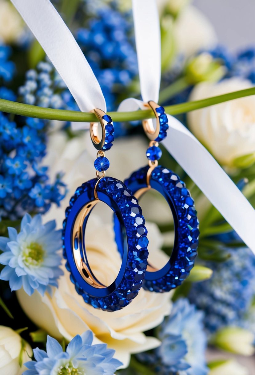 Navy blue crystal hoops dangling from a white silk ribbon, surrounded by delicate blue and white floral arrangements